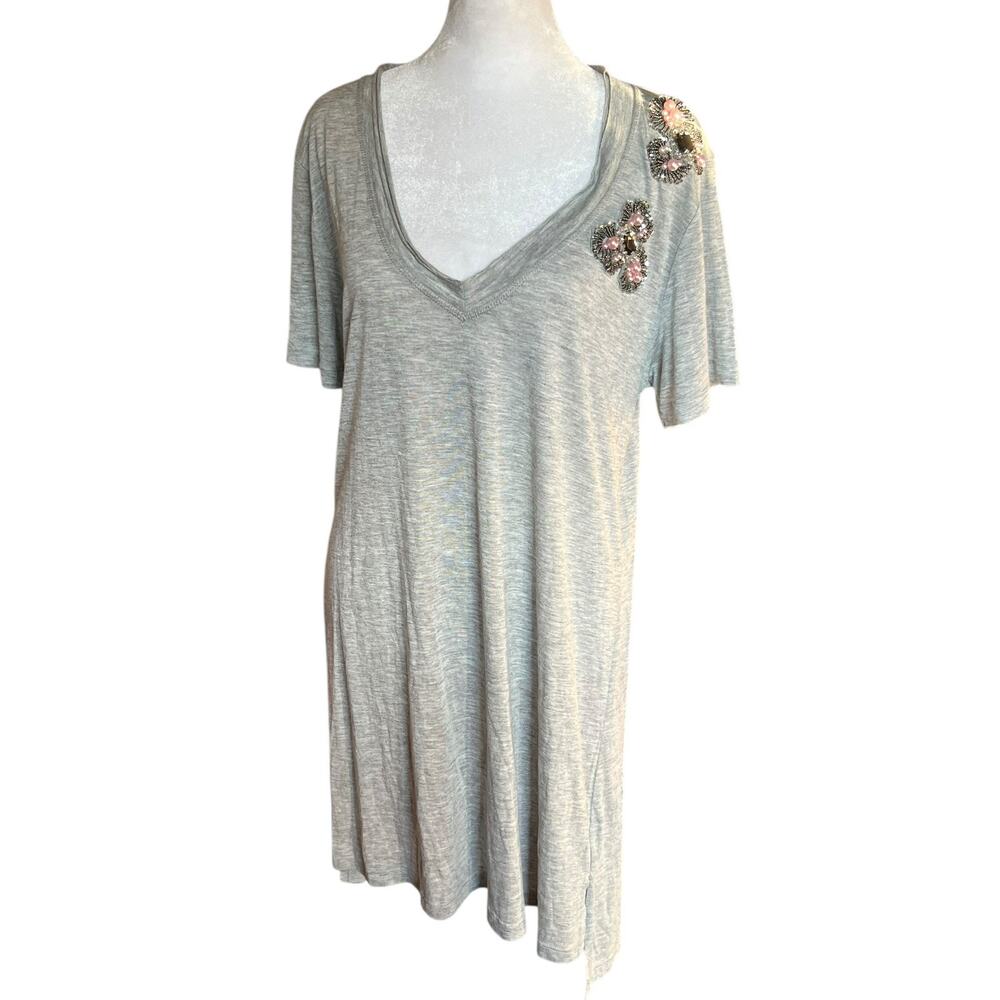 YOUNG FABULOUS & BROKE Womens Gray Floral Beaded V Neck Tee Shirt Dress M